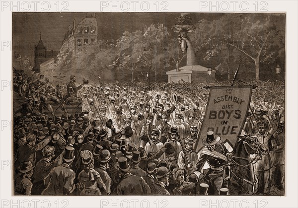 REPUBLICAN ENTHUSIASM IN NEW YORK-THE GRAND PROCESSION OF OCTOBER 11 PASSING THE REVIEW STAND., 1880, 19th century engraving, USA, America