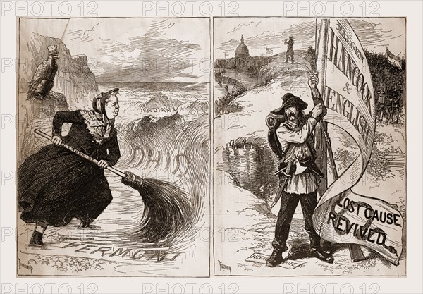 Mrs. Partington Hancock struggling with the Republican tide., 1880, 19th century engraving, USA, America