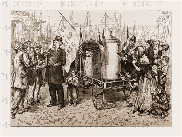 DR. KENNION'S STREET COFFEE-URN CART-A GOOD TEMPERANCE MOVEMENT.-DRAWN BY W. A. ROGERS., 1880, 19th century engraving, USA, America