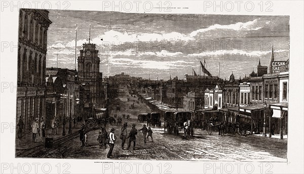 MELBOURNE 1880, VIEW IN GREAT BOURKE STREET", 1880, 19th century engraving, Australia