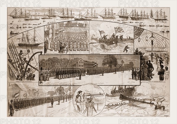 INCIDENTS OF THE NAVAL REVIEW AT FORTRESS MONROE.â€îFROM SKETCHES BY J. 0. DAVIDSON., 1880, 19th century engraving, USA, America