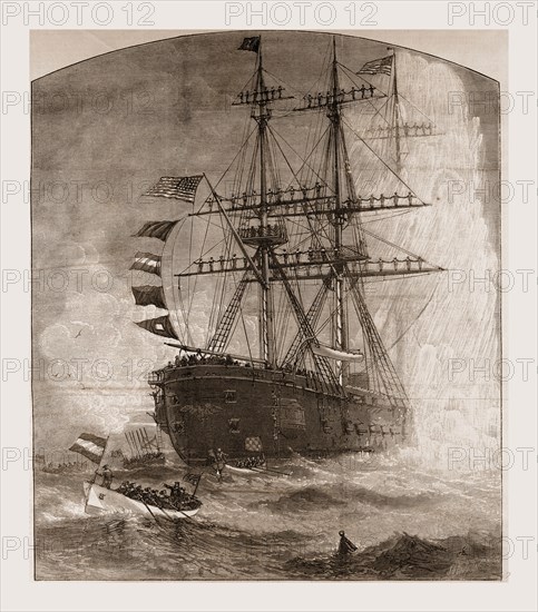 THE NAVAL REVIEW AT FORTRESS MONROEâ€îCEREMONIES DURING THE PRESIDENT'S VISIT TO THE FLAG-SHIP.â€îDRAWN BY J. 0. DAVIDSON., 1880, 19th century engraving, USA, America