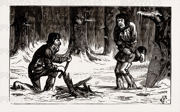 British Columbia, a province located on the west coast of Canada, FORTY DEGREES BELOW ZERO AND HE'S LOST THE MATCHES, 19th century engraving