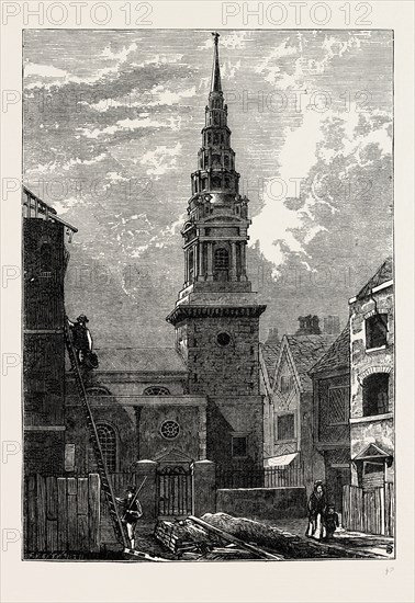 ST. BRIDE'S CHURCH, FLEET STREET, AFTER THE FIRE, 1824. London, UK, 19th century engraving