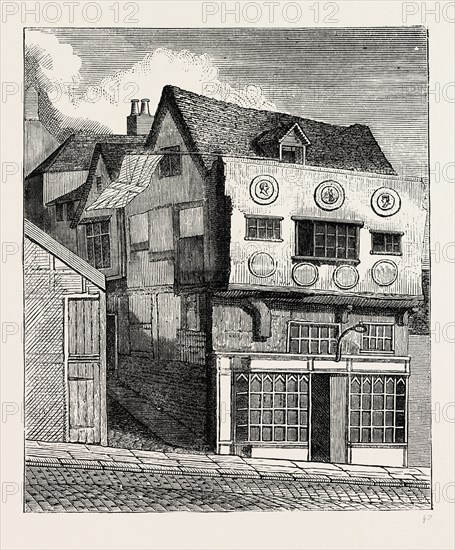 AN OLD HOUSE ON LITTLE TOWER HILL. London, UK, 19th century engraving
