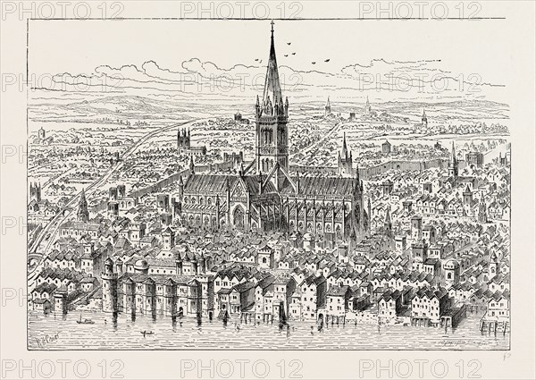 ST. PAUL'S AND THE NEIGHBOURHOOD IN 1540. London, UK, 19th century engraving