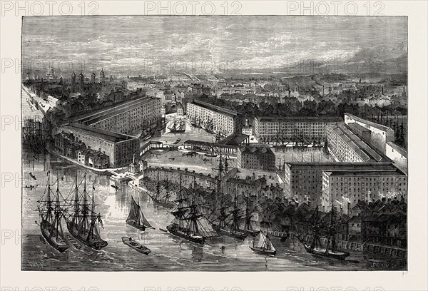 ST. KATHERINE'S DOCKS. London, UK, 19th century engraving