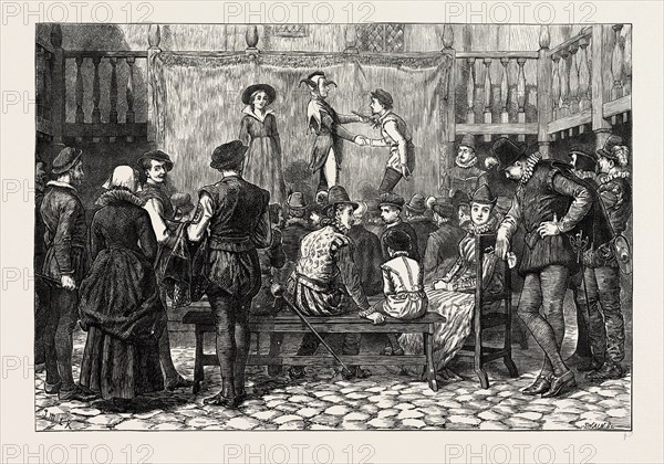 A PLAY IN A LONDON INN YARD, IN THE TIME OF QUEEN ELIZABETH. London, UK, 19th century engraving