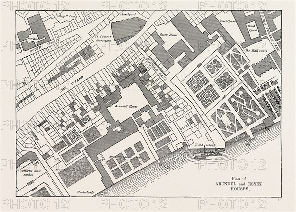 Plan of Arundel and Essex Houses, London, UK, 19th century engraving