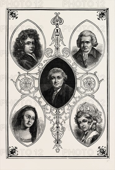 DRURY LANE CELEBRITIES. Betterson, Mrs. Pritchard, Garrick, Macklin, Mrs. Robinson, London, UK, 19th century engraving