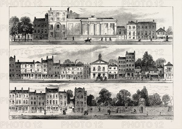 THE NORTH SIDE OF KNIGHTSBRIDGE IN 1820, FROM THE CANNON BREWERY TO HYDE PARK CORNER. London, UK, 19th century engraving