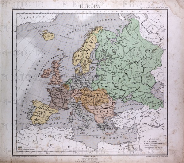 Europe, Europa, atlas by Th. von Liechtenstern and Henry Lange, antique map 1869