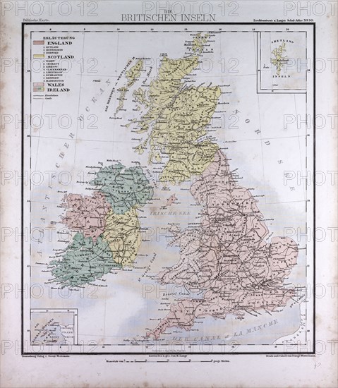 Great Britain and Ireland, atlas by Th. von Liechtenstern and Henry Lange, antique map 1869