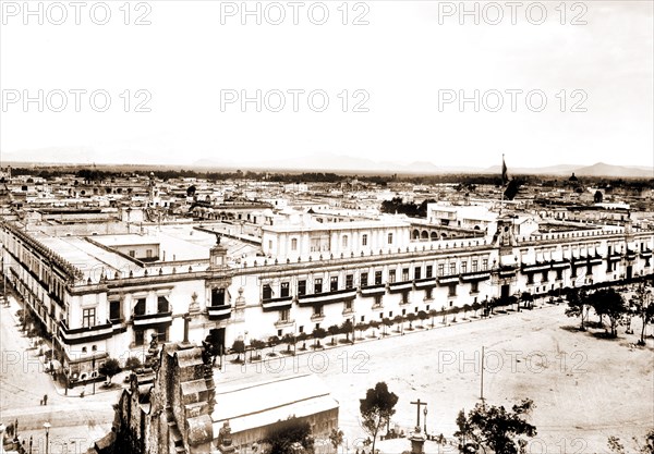 Palace from cathedral, city of Mexico, Mex, Jackson, William Henry, 1843-1942, Castles & palaces, Plazas, Mexico, Mexico City, 1880