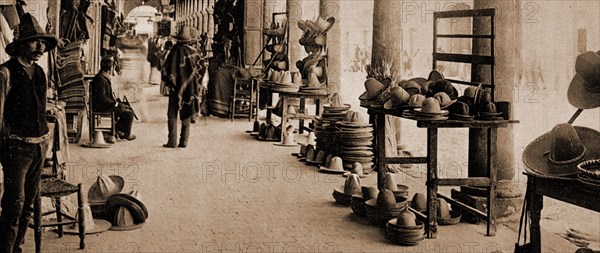 Mexico, portales of market, Aguas Calientes, Jackson, William Henry, 1843-1942, Markets, Peddlers, Hats, Mexico, Aguascalientes (State), Aguascalientes, 1884