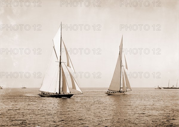 Maneuvering for start, Peabody, Henry G, (Henry Greenwood), 1855-1951, Peabody, Henry G, (Henry Greenwood), 1855-1951, Vigilant (Yacht), Valkyrie II (Yacht), America's Cup races, Yachts, Regattas, 1893