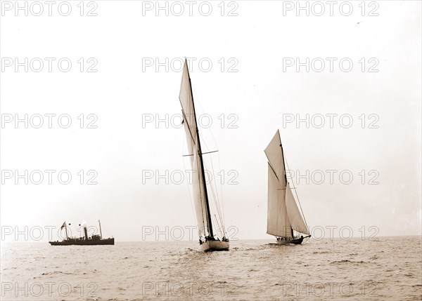 Columbia and Shamrock I maneuvering for the start, Columbia (Sloop), Shamrock I (Yacht), America's Cup races, Regattas, Yachts, 1899