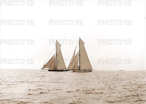 Shamrock I and Columbia coming for the line, Columbia (Sloop), Shamrock I (Yacht), America's Cup races, Regattas, Yachts, 1899