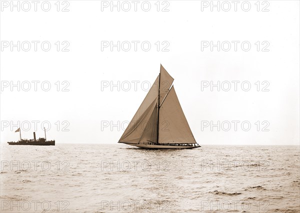 Columbia and Shamrock I on the line, Columbia (Sloop), Shamrock I (Yacht), America's Cup races, Regattas, Yachts, 1899