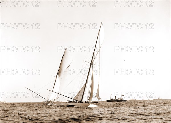 Columbia crossing the line, Shamrock I astern, Columbia (Sloop), Shamrock I (Yacht), America's Cup races, Regattas, Yachts, 1899