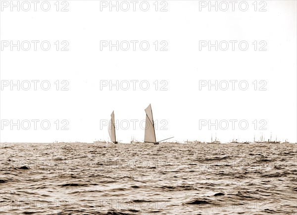 Columbia and Shamrock I, luffing into the excursion fleet, Columbia (Sloop), Shamrock I (Yacht), America's Cup races, Regattas, Yachts, 1899