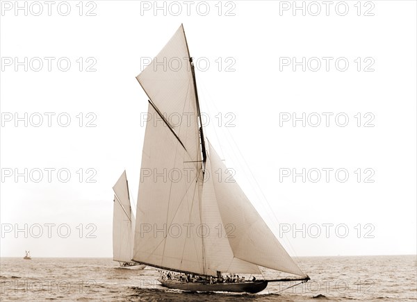 Columbia and Shamrock I maneuvering before the start, Columbia (Sloop), Shamrock I (Yacht), America's Cup races, Regattas, Yachts, 1899