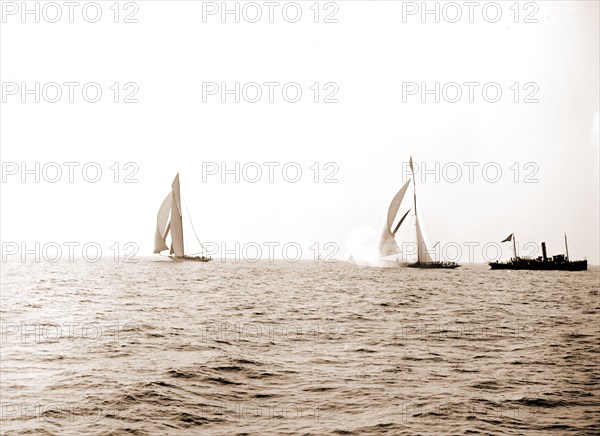 Columbia and Shamrock I after the start, Oct. 19, '99, Shamrock I (Yacht), Columbia (Sloop), America's Cup races, Regattas, Yachts, 1899