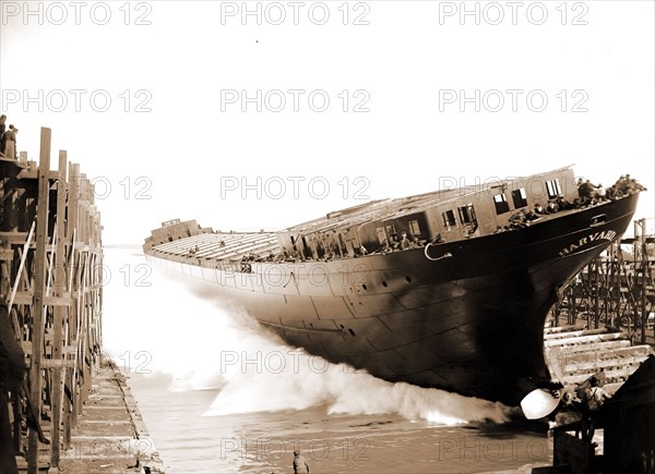 Launch of the str. Harvard, Harvard (Freighter), Cargo ships, Boat & ship industry, Launchings, United States, Michigan, Detroit, 1900