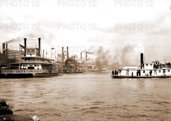Steamboats along the levee, New Orleans, Rivers, Steamboats, Levees, United States, Mississippi River, United States, Louisiana, New Orleans, 1890