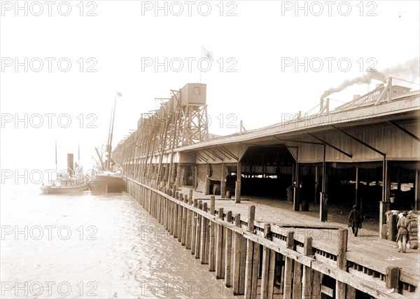 Stuyvesant elevators from the river, New Orleans, Piers & wharves, Rivers, Shipping, Warehouses, United States, Mississippi River, United States, Louisiana, New Orleans, 1890