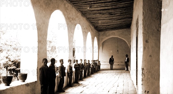 The corriders sic of San Francisco, Chihuahua, Jackson, William Henry, 1843-1942, Children, Catholic churches, Porches, Mexico, Chihuahua, 1880