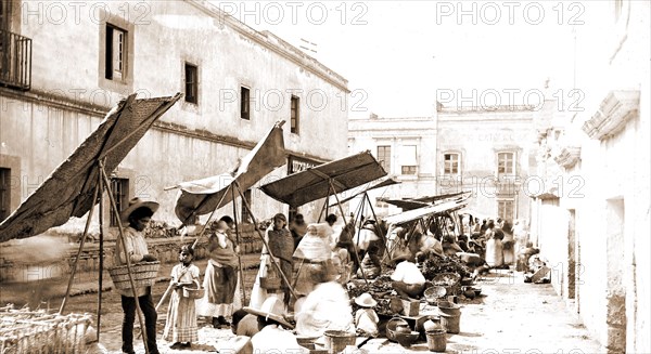 Mexico street market, Jackson, William Henry, 1843-1942, Markets, Streets, Mexico, Mexico City, 1880