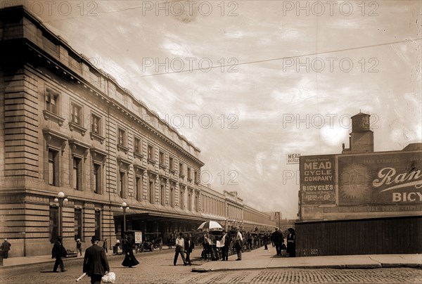 Railroad station (Chicago & North Western) and Mead Cycle Company, Chicago, Commercial facilities, Streets, Industrial facilities, United States, Illinois, Chicago, 1900