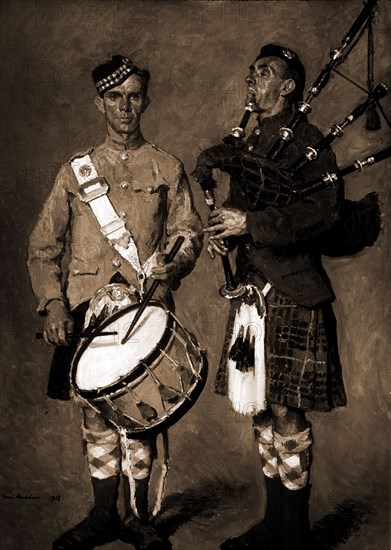 Drummer and bagpipe player in Scottish uniform, Melchers, Gari, 1860-1932, Bagpipes, Drums, Soldiers, Scottish, 1918