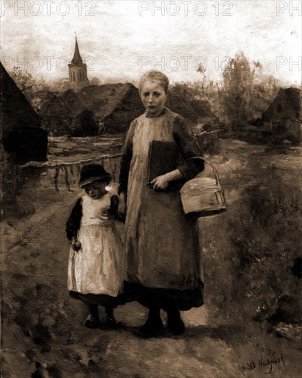 Children of Laren going to school, Neuhuys, Albert, 1844-1914, Walking, Children, Netherlands, Laren, 1900