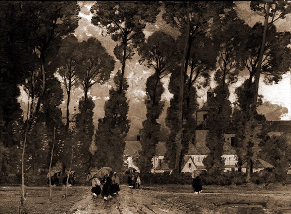Women with umbrellas walking and trees in background, East, Alfred, Sir, 1849-1913, Rain, Trees, 1900