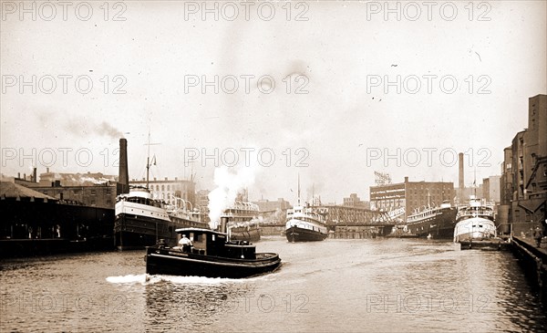 Chicago River scene with steamboat and industrial waterfront, Chicago, Rivers, Steamboats, United States, Illinois, Chicago, United States, Illinois, Chicago River, 1900