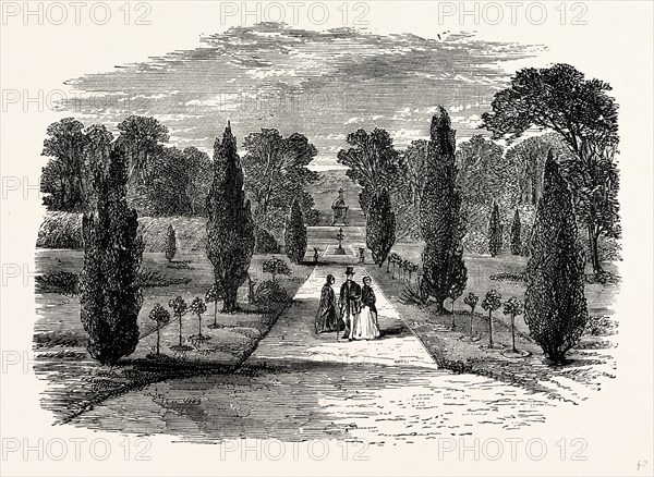 The Gardens, as seen from Melbourne Hall, UK, England, engraving 1870s, Britain