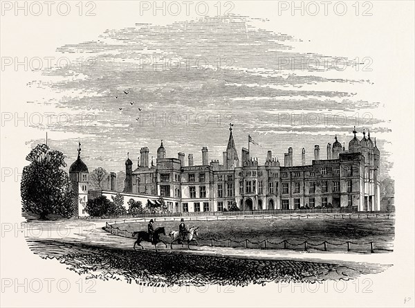 North View, Burleigh House, UK, England, engraving 1870s, Britain