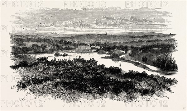 Trentham, from Monument Hill, Tittensor, UK, England, engraving 1870s, Britain