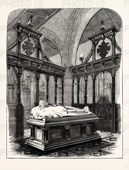 Monument of Harriet, Duchess of Sutherland, Trentham Church, UK, England, engraving 1870s, Britain