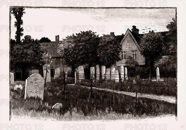 GRAMMAR SCHOOLS AND ALMSHOUSES, WALTHAMSTOW CHURCHYARD, UK, engraving 1881 - 1884