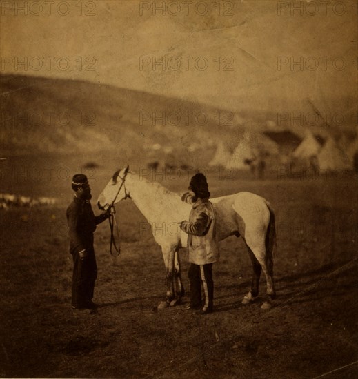 Colonel Clarke, Scots' Greys, with the horse wounded at Balaklava, Crimean War, 1853-1856, Roger Fenton historic war campaign photo