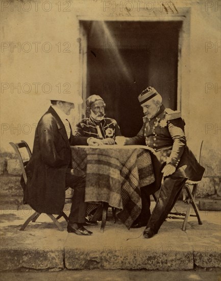 Council of War held at Lord Raglan's Head Quarters, the morning of the successful attack on the Mamelon portraits of Lord Raglan, MarÃƒÂ©chal PÃƒÂ©lissier, & Omar Pacha., Crimean War, 1853-1856, Roger Fenton historic war campaign photo