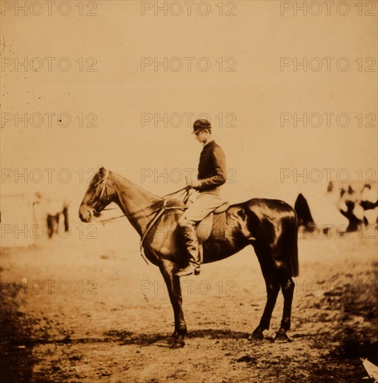 Captain Morgan, Rifle Corps, A.D.C. to General Bernard, on Coxcomb the winner of the Crimean races, the property of Captain Barnard, Grenadier Guards, Crimean War, 1853-1856, Roger Fenton historic war campaign photo