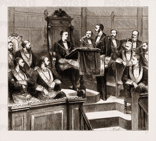 INSTALLATION OF PRINCE LEOPOLD AS GRAND MASTER OF THE OXFORDSHIRE FREEMASONS IN THE SHELDONIAN THEATRE, OXFORD, UK, 1876