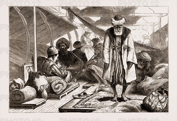 MOHAMMEDAN PILGRIMS RETURNING HOME FROM MECCA, ON THE DECK OF AN AUSTRIAN LLOYD'S STEAMER, 1876