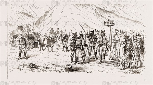 THE END OF THE CARLIST WAR: CARLISTS AND THEIR FAMILIES CROSSING INTO FRANCE AT THE FRONTIER NEAR LESACA, NAVARRE, 1876