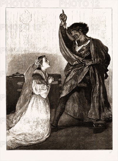 MR. IRVING AND MISS ISABEL BATEMAN IN "OTHELLO" AT THE LYCEUM THEATRE, LONDON, UK, 1876: Desdemona: Upon my knees, what doth your speech import? I understand a fury in your words, but not the words. Othello: Why, what art thou? Desdemona: Your wife, my lord, your true and loyal wife.
