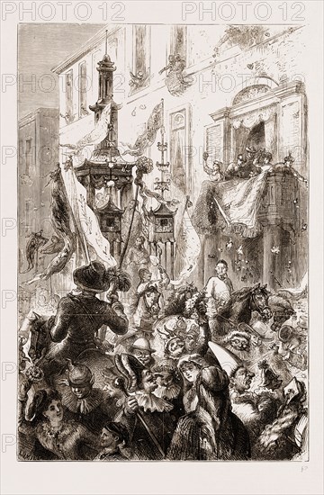 THE CARNIVAL AT ROME, ITALY, MASKS IN THE CORSO, 1876: THE CHINESE CAR